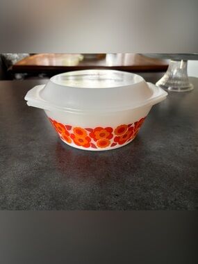 Arcopal France Retro Floral White Glass Serving Bowl with Orange and Red Flowers